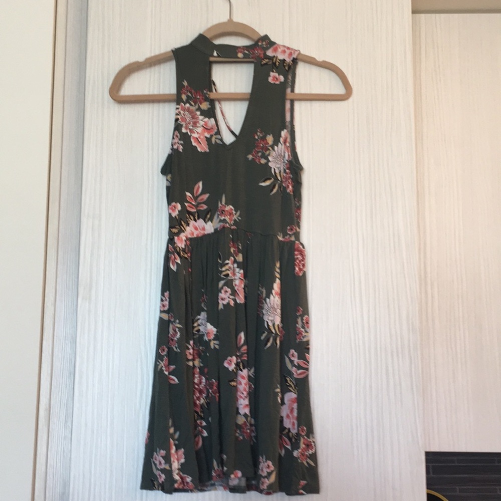 Green floral mini dress deep V neck/open back